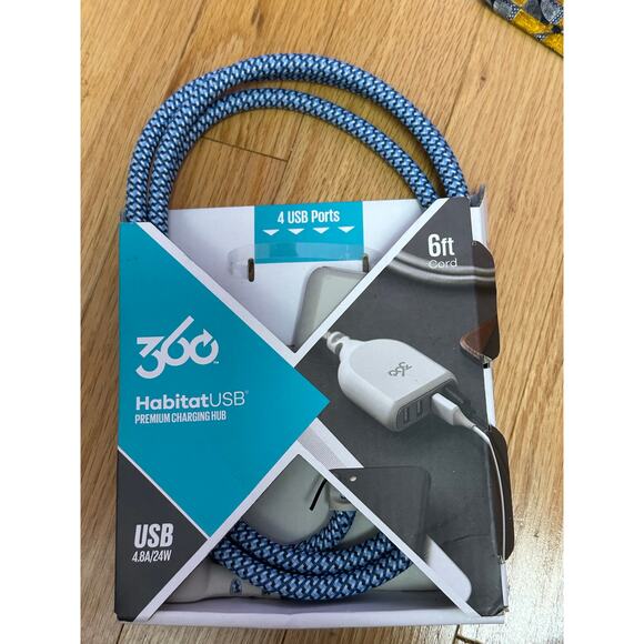 360 Habitat USB 4-Port Charging Hub 6ft Braided Cord Wall Charger 4.8A 24W Blue - Picture 1 of 2